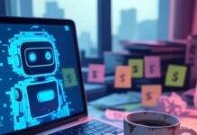 Free AI Tools to Make Money Cluttered Chicago desk, glitchy AI, coffee mug, dollars