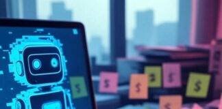 Free AI Tools to Make Money Cluttered Chicago desk, glitchy AI, coffee mug, dollars