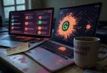 Free AI Tools for Office Work Messy desk, AI tools, mug, sticky note, sparkles