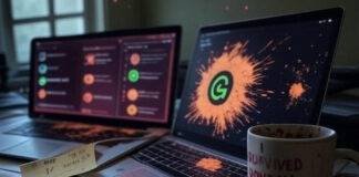 Free AI Tools for Office Work Messy desk, AI tools, mug, sticky note, sparkles