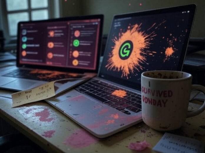 Messy desk, AI tools, mug, sticky note, sparkles