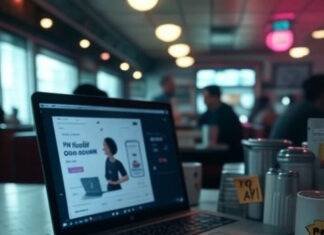 Free AI Tools for Marketing Cluttered diner desk, AI ad, quirky mug, glitchy vibe