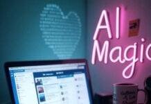 Free AI Tools for Social Media Cluttered desk, laptop, coffee mug, AI note, binary heart