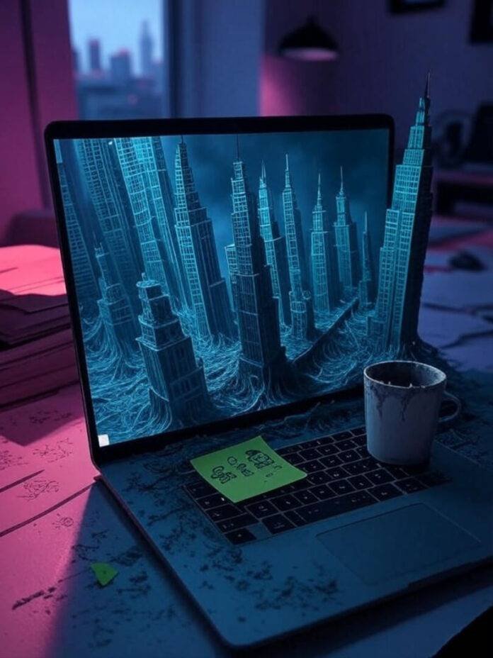 Messy desk, glowing laptop, robot doodles, neon art Messy desk, glowing laptop, robot doodles, neon art