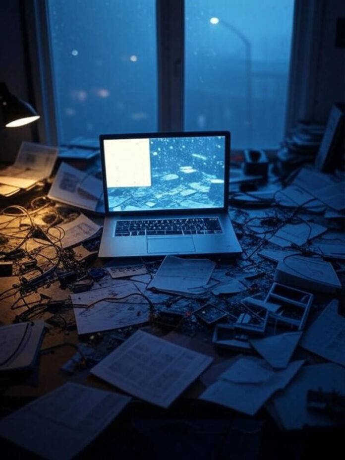 Chaotic desk with glowing AI video in rainy Seattle Chaotic desk with glowing AI video in rainy Seattle