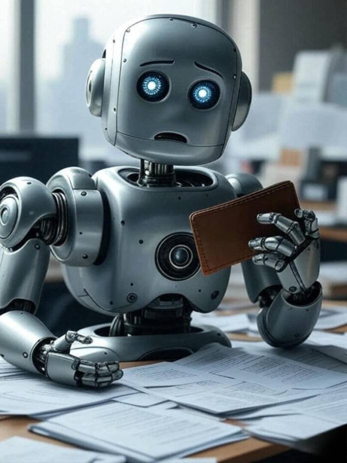 Confused robot checks wallet in messy office Confused robot checks wallet in messy office
