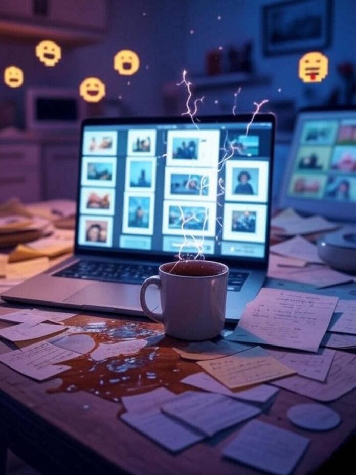 Messy desk, spilled coffee, AI slides, neon sparks Messy desk, spilled coffee, AI slides, neon sparks