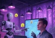 Will AI Tools Replace Humans? Human-Robot Cafe Collab, Neon Hopeful Vibe