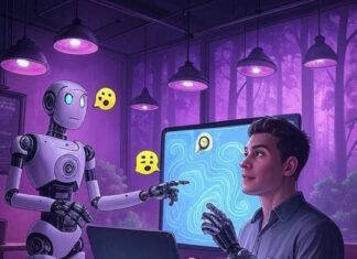 Will AI Tools Replace Humans? Human-Robot Cafe Collab, Neon Hopeful Vibe