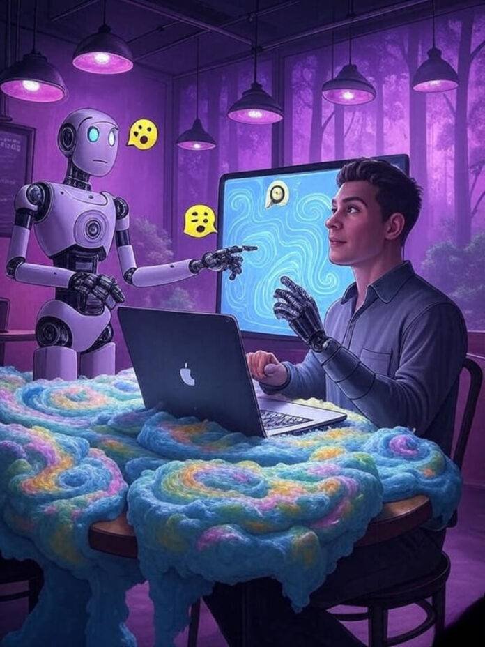 Human-Robot Cafe Collab, Neon Hopeful Vibe Human-Robot Cafe Collab, Neon Hopeful Vibe