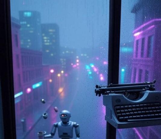 AI Is Taking Over: 7 Real-World Examples That Will Blow Your Mind in 2025 Rainy Seattle view, robot barista juggles, typewriter floats
