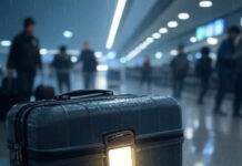 Luggage Trackers Reviews: My Messy Quest to Never Lose a Bag Again Rainy airport chaos, glowing tracker saves suitcase