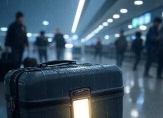 Luggage Trackers Reviews: My Messy Quest to Never Lose a Bag Again Rainy airport chaos, glowing tracker saves suitcase