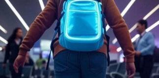 15 Must-Have Travel Gadgets Every Globetrotter Needs in 2025 Neon backpack gadgets in chaotic airport trip