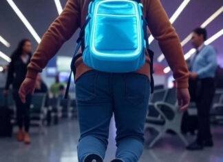 15 Must-Have Travel Gadgets Every Globetrotter Needs in 2025 Neon backpack gadgets in chaotic airport trip