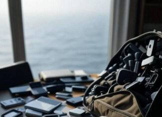 Top 10 Budget-Friendly Travel Gadgets You’ll Actually Usef Cluttered desk gadgets, foggy Lake Michigan view