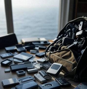 Top 10 Budget-Friendly Travel Gadgets You’ll Actually Usef Cluttered desk gadgets, foggy Lake Michigan view