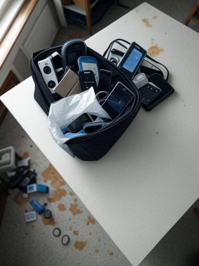 Chaotic gadget unpack on messy kitchen table Chaotic gadget unpack on messy kitchen table