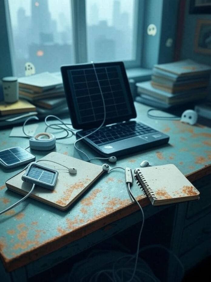 Messy Philly desk with travel gadgets and ghosts