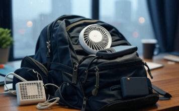 Pack Smarter: 12 Innovative Travel Gadgets for Stress-Free Adventures Rainy Seattle desk with overflowing gadget backpack