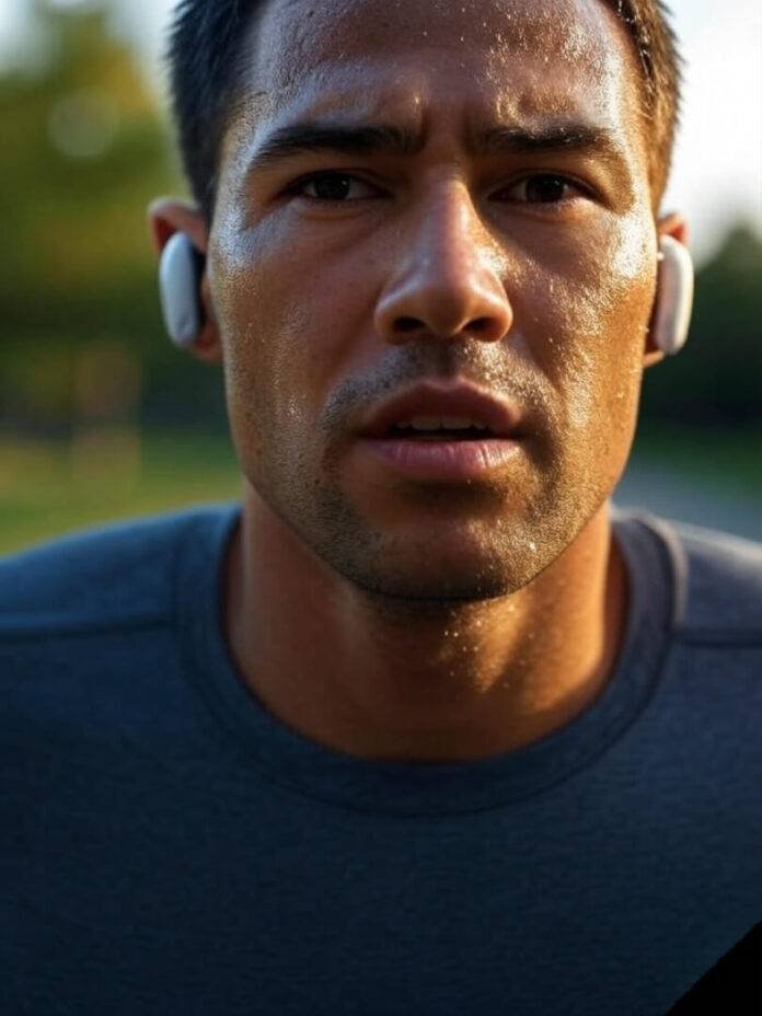 Sweaty run with glowing workout earbuds