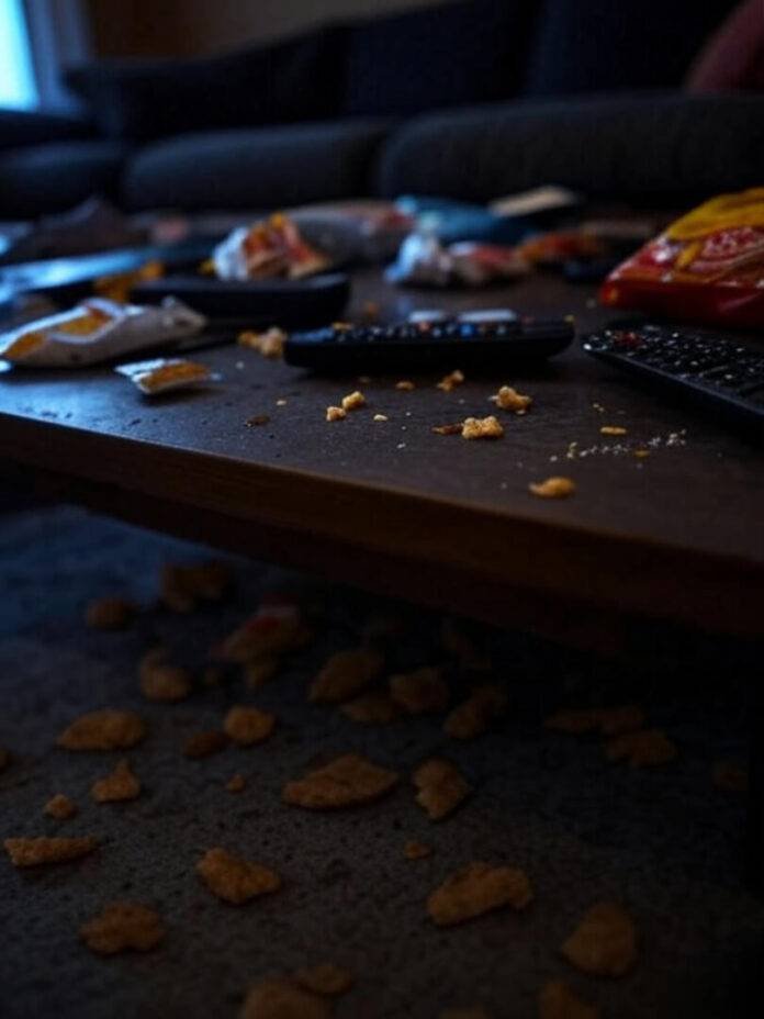 Messy table with streaming devices, crumbs, soda stains Messy table with streaming devices, crumbs, soda stains