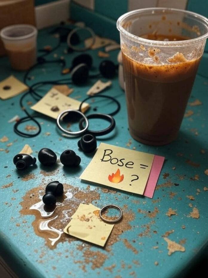 Messy kitchen counter with Bose earbuds, coffee spill Messy kitchen counter with Bose earbuds, coffee spill