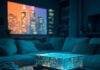 Top 7 Audio-Video Gadgets That Will Transform Your Home Entertainment in 2025 Holographic projector, neon cityscape, cluttered living room