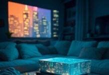Top 7 Audio-Video Gadgets That Will Transform Your Home Entertainment in 2025 Holographic projector, neon cityscape, cluttered living room
