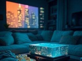 Top 7 Audio-Video Gadgets That Will Transform Your Home Entertainment in 2025 Holographic projector, neon cityscape, cluttered living room