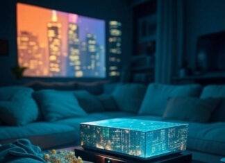 Top 7 Audio-Video Gadgets That Will Transform Your Home Entertainment in 2025 Holographic projector, neon cityscape, cluttered living room