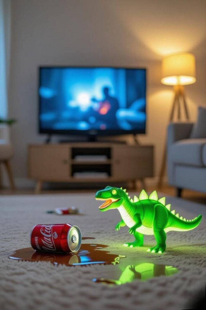 Crooked TV, spilled soda, glowing dinosaur toy chaos Crooked TV, spilled soda, glowing dinosaur toy chaos