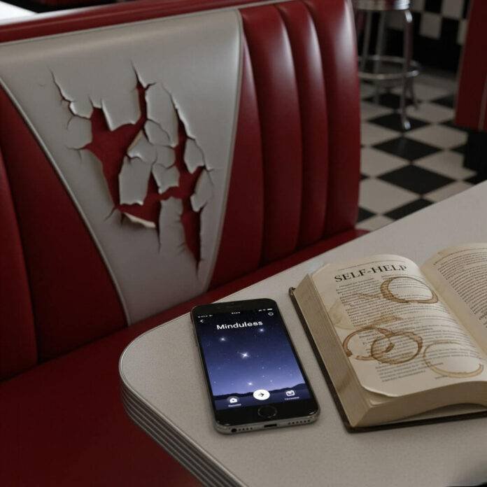 Diner booth, cracked seat, phone with mindfulness app, self-help book
