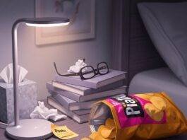 Satisfying Bedroom Gadgets Messy Nightstand with Chips and Smart Lamp