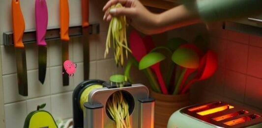 Top 15 Must-Have Kitchen Gadgets That Will Instantly Upgrade Your Cooking Game Chaotic Kitchen Counter: Zucchini Noodles & Retro Toaster Art