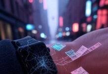 The Future Is Now: How Wearables Are Redefining Health Scratched smartwatch, holographic chart, rainy NYC, scattered tickets
