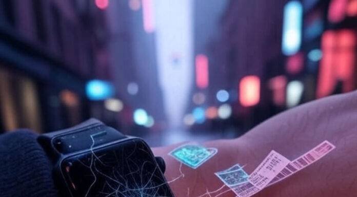 The Future Is Now: How Wearables Are Redefining Health Scratched smartwatch, holographic chart, rainy NYC, scattered tickets