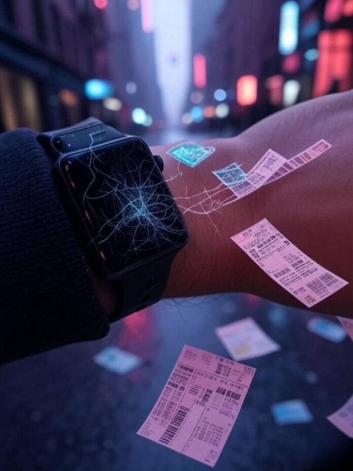 Scratched smartwatch, holographic chart, rainy NYC, scattered tickets Scratched smartwatch, holographic chart, rainy NYC, scattered tickets