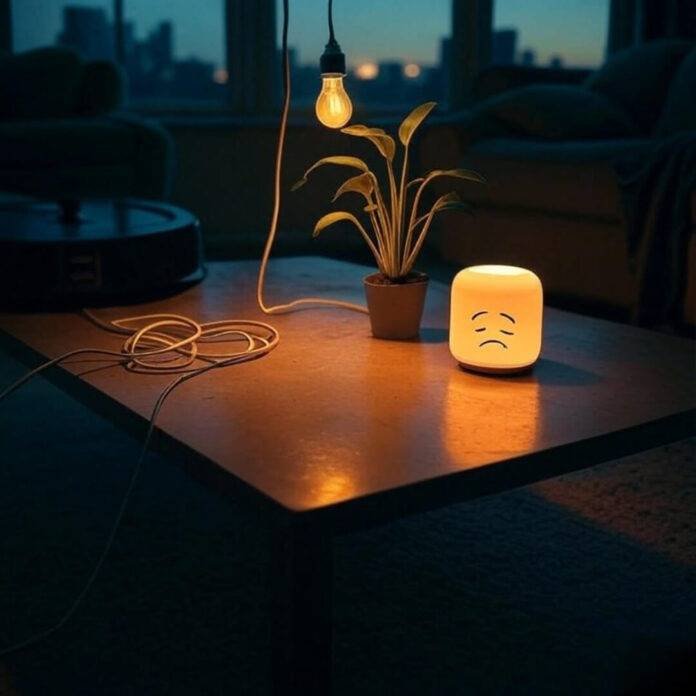 Messy Philly coffee table with glowing smart gadgets Messy Philly coffee table with glowing smart gadgets