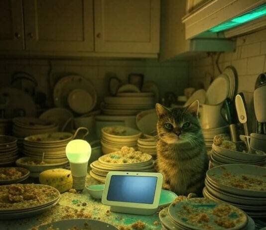 Which Smart Home System is Best in 2025? My Total Dumpster Fire of a Search Blurry kitchen counter with dishes, glowing tech, cat glaring