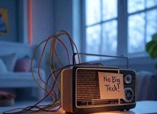 Smart Home Without Google or Amazon Cozy room with DIY hub, retro radio, robot protest