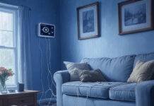 Smart Home Pros and Cons Cluttered living room with smart tech chaos, sock stuck