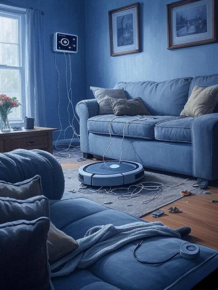 Cluttered living room with smart tech chaos, sock stuck Cluttered living room with smart tech chaos, sock stuck