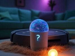 Smart Homes and AI Smart speaker, robot vacuum, bulb with question-mark shadow