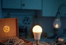 Smart Homes and IoT Integration Flickering smart bulb, tangled IoT cables, winking robot vacuum