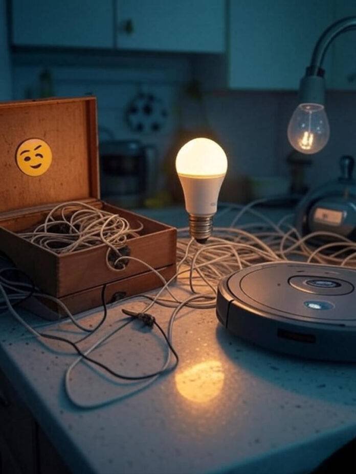 Flickering smart bulb, tangled IoT cables, winking robot vacuum Flickering smart bulb, tangled IoT cables, winking robot vacuum