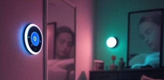 10 Genius Smart Home Gadgets That Will Change Your Life in 2025 Cluttered living room with smart thermostat, robot vacuum, spilled coffee, and smart mirror reflecting sleepy face, muted neon tones