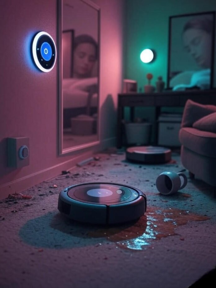 Cluttered living room with smart thermostat, robot vacuum, spilled coffee, and smart mirror reflecting sleepy face, muted neon tones Cluttered living room with smart thermostat, robot vacuum, spilled coffee, and smart mirror reflecting sleepy face, muted neon tones