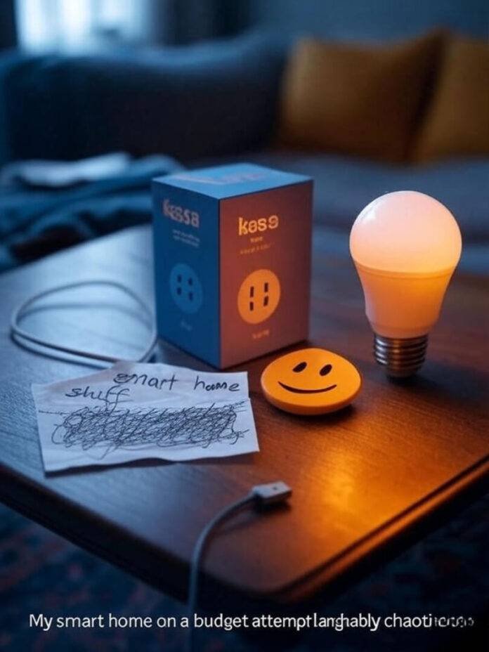 Chaotic smart home setup with plug, bulb, receipt, smiley cable Chaotic smart home setup with plug, bulb, receipt, smiley cable