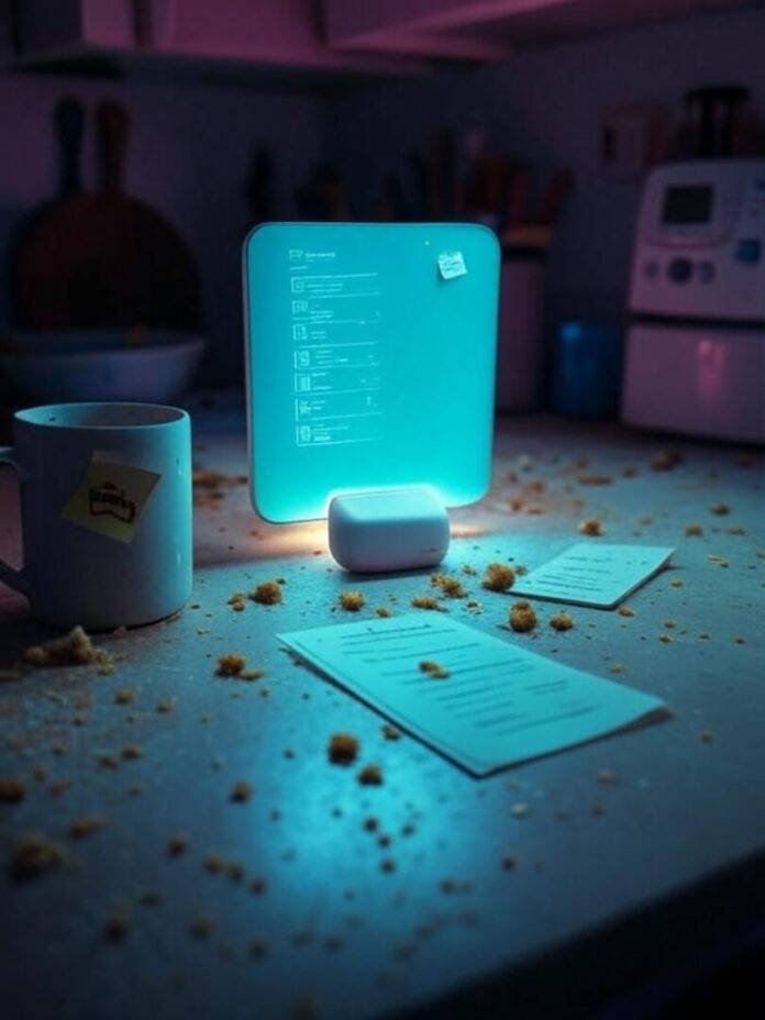 Messy kitchen counter with glowing smart hub, hopeful tech vibe Messy kitchen counter with glowing smart hub, hopeful tech vibe